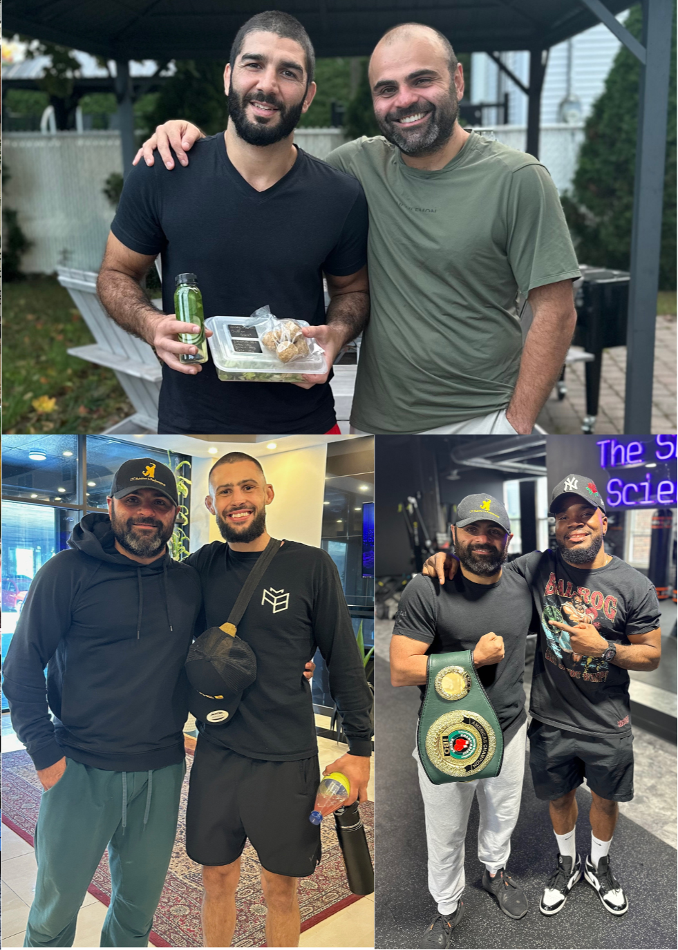 Collage of Luigi Meli (Montreal nutritionist) with various clients in different settings.