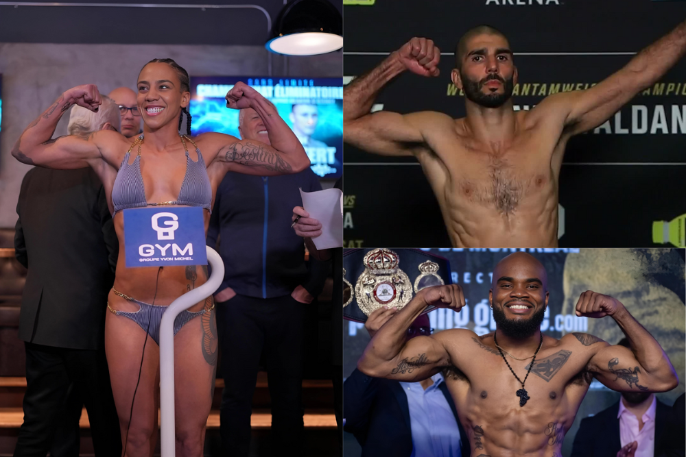 Athletes flexing on scales at official weigh-ins. Weigh loss is one of the nutritionist services offered by Luigi Meli Performance.